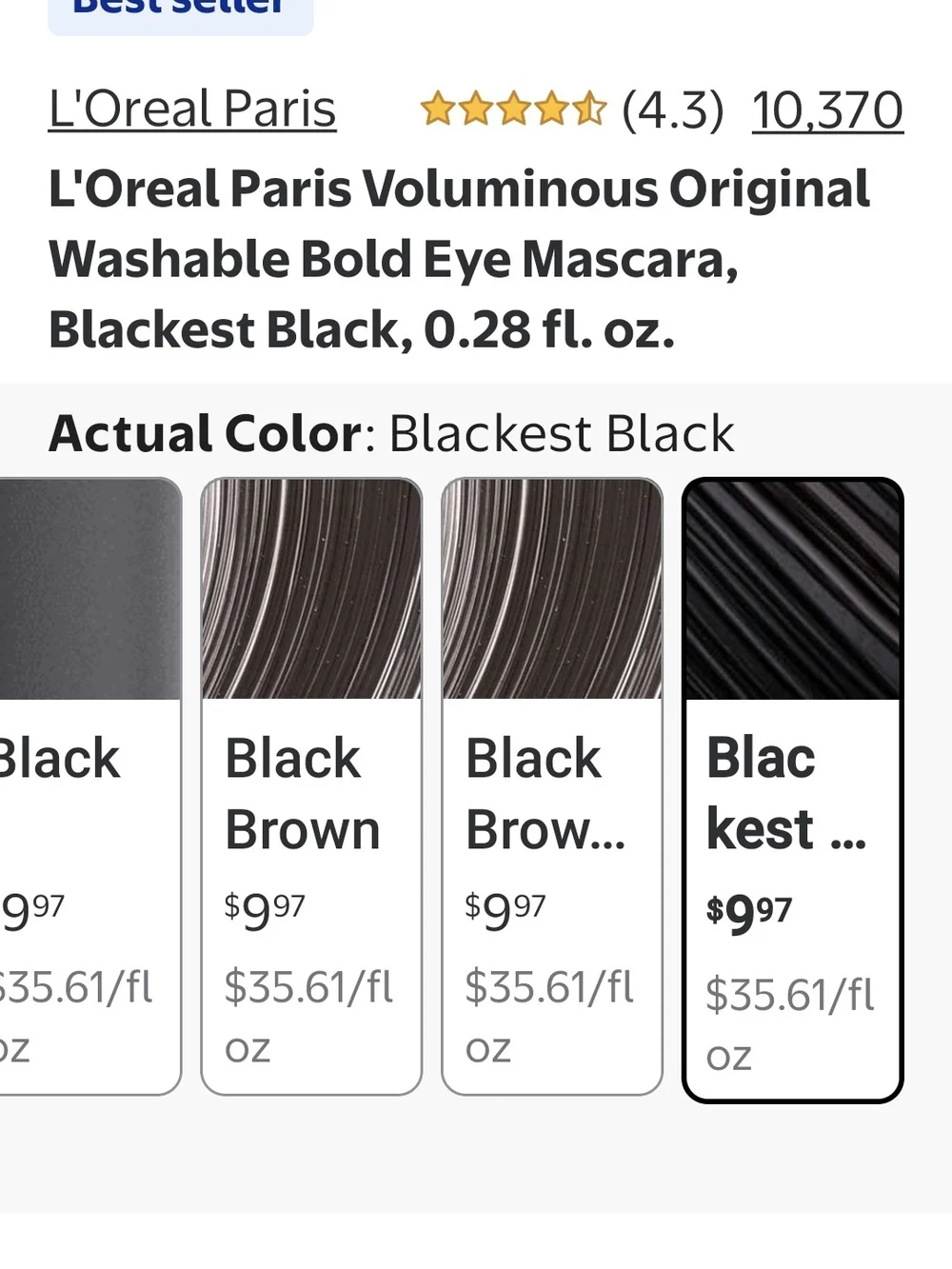L'Oreal Paris Voluminous Original Mascara, Blackest Black 0.28 Fl Oz New Unseal